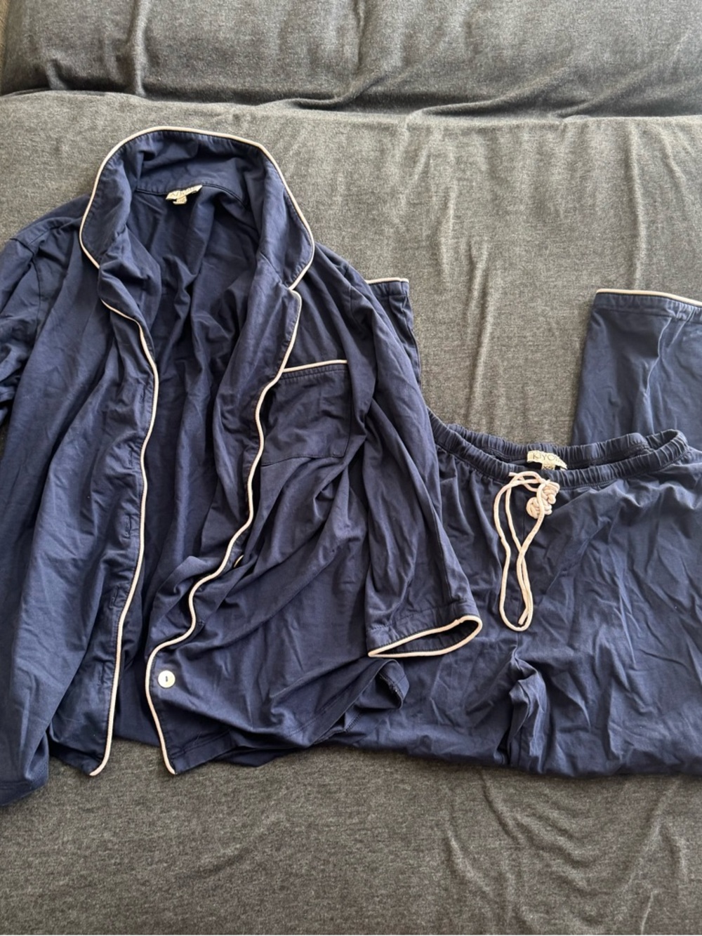Navy Blue Cotton Pajama Set with Contrast Piping